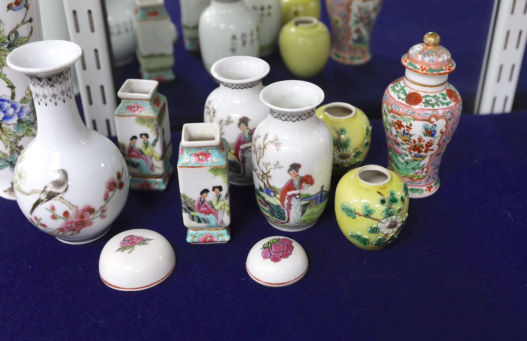 A pair of Chinese yellow glazed vases, pair of square form famille rose vases and baluster vase, a republic period baluster vase and five other items, (11items)
